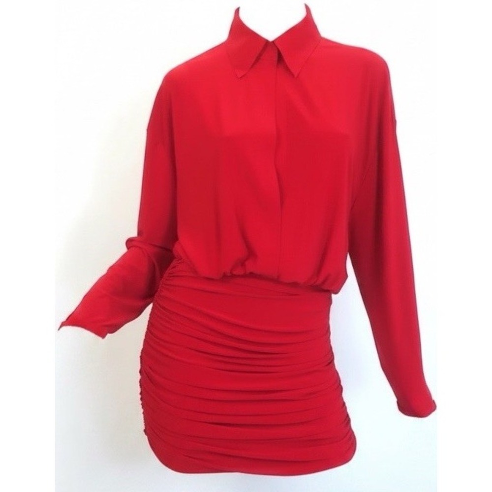 Norma Kamali Dress S Red Oversized Boyfriend Shirt Shirred Bottom Mini Siren